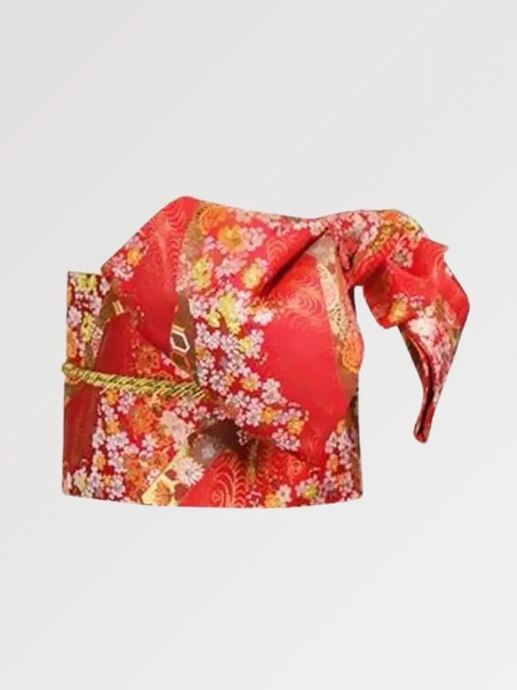 Ceinture obi femme rouge tissé de sakura et chrysanthèmes — vue de face nœud taiko — Japanstreet