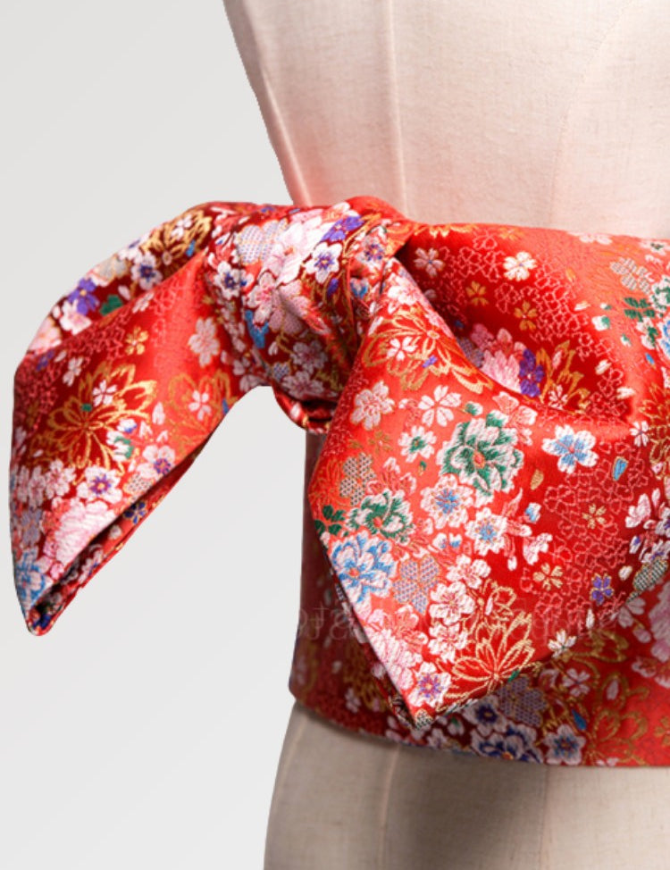 Ceinture obi rouge pour femme au motif fleuri et satiné pour votre kimono japonais