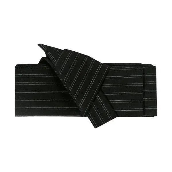 Ceinture obi homme noir aux rayures blanches verticales — vue de face nœud taiko — Japanstreet