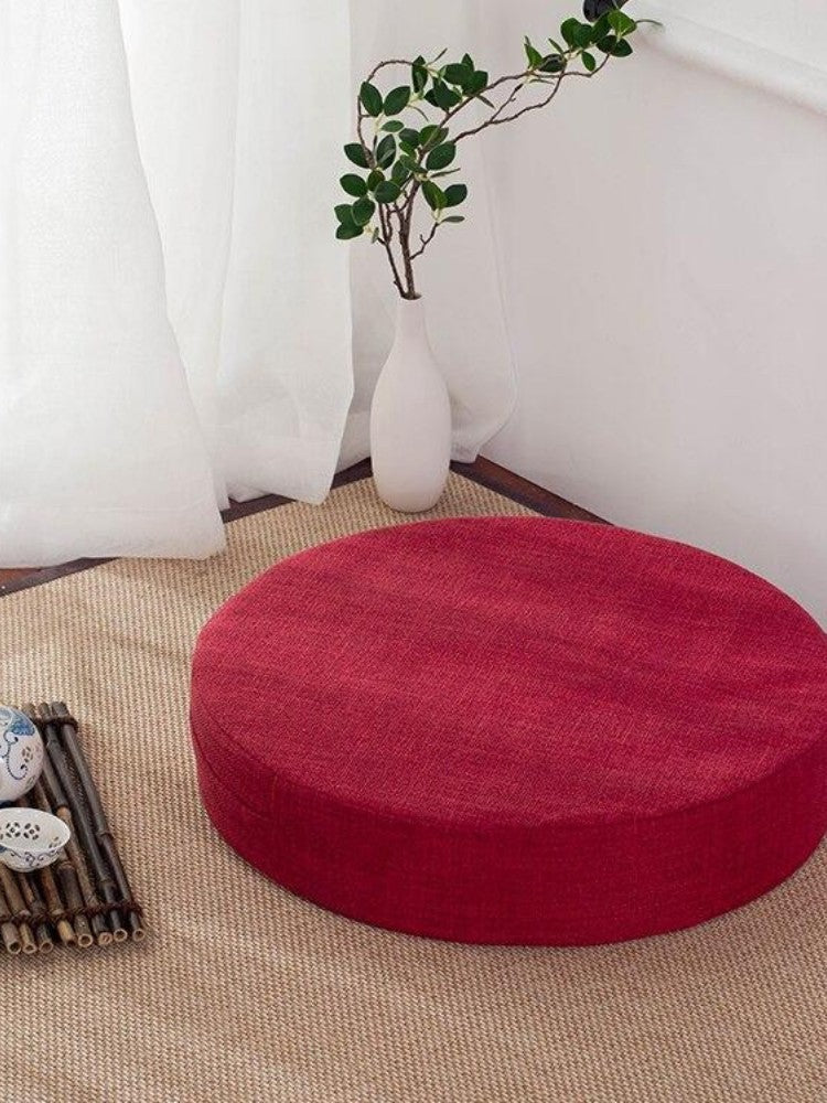 Coussin japonais Yehuga rond plat à lotus brodé doré en 6 couleurs (olive, cyan, violet, beige, gris, rouge) — vue avec acces