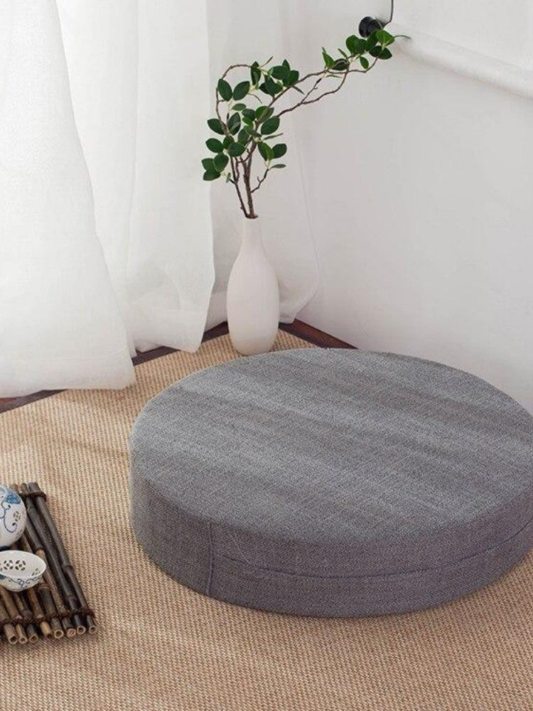Coussin japonais Yehuga rond plat à lotus brodé doré en 6 couleurs (olive, cyan, violet, beige, gris, rouge) — vue de dos — J