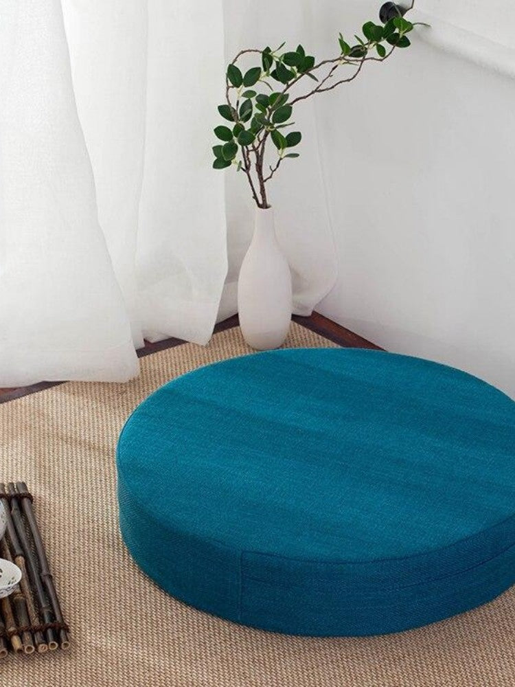 Coussin japonais Yehuga rond plat à lotus brodé doré en 6 couleurs (olive, cyan, violet, beige, gris, rouge) — vue de profil 