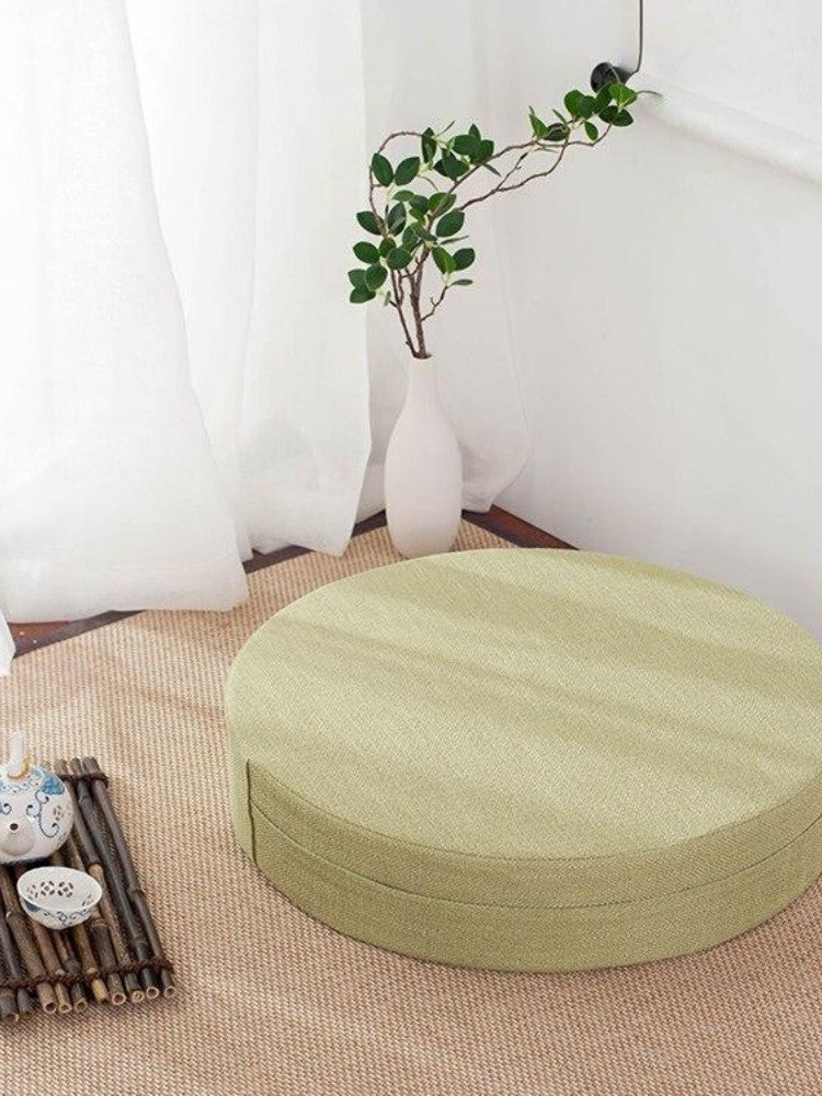 Coussin japonais Yehuga rond plat à lotus brodé doré en 6 couleurs (olive, cyan, violet, beige, gris, rouge) — vue de détail 