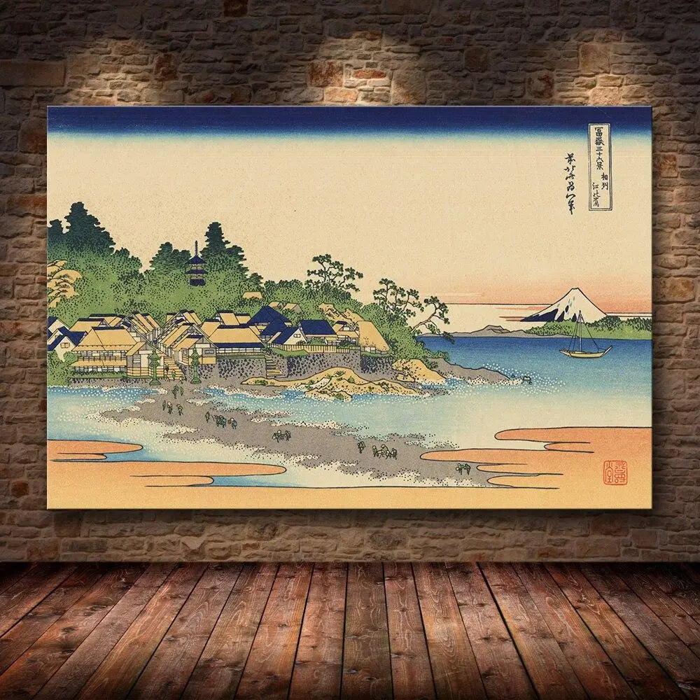 Reproduction estampe ukiyo-e île d'Enoshima à marée basse avec mont Fuji au fond — Japanstreet