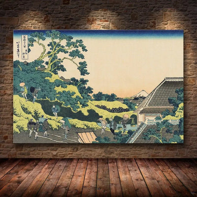 Estampe japonaise d'un plan aux arbres fleuris et aux artisans récoltant les rizières