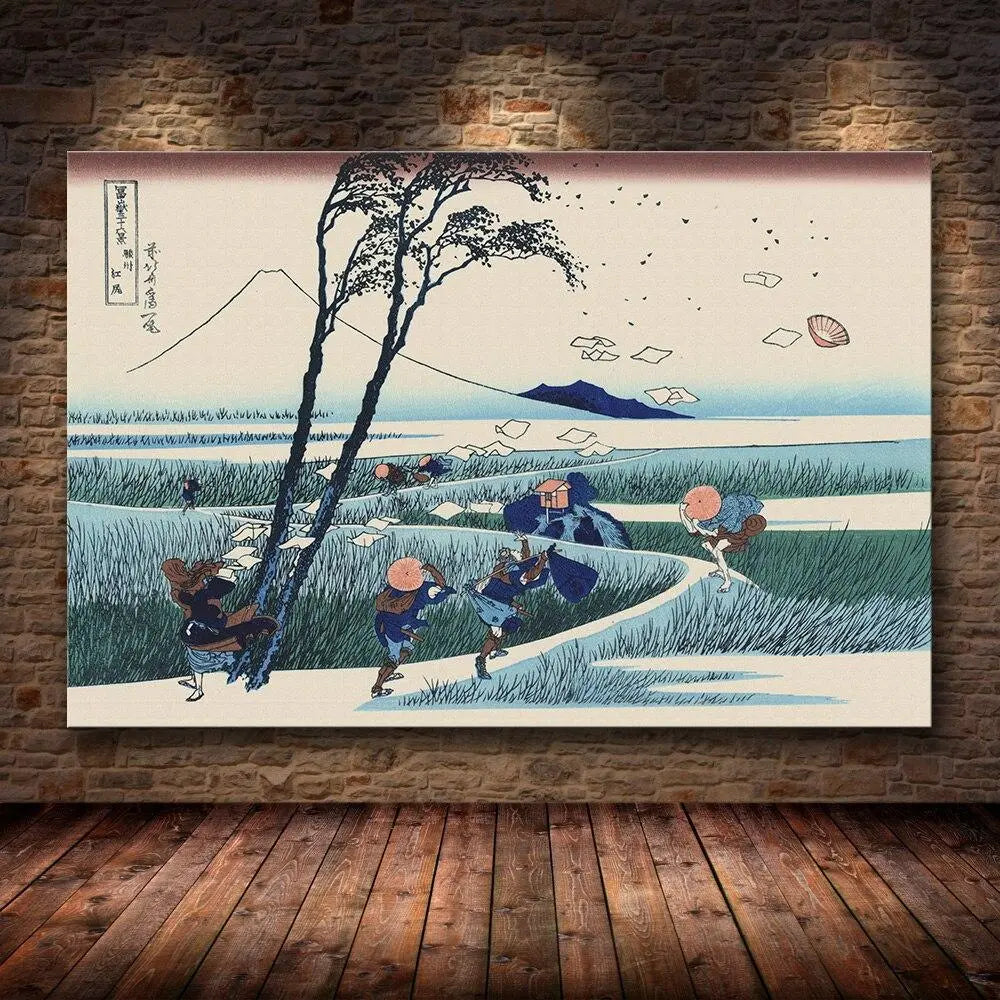 Reproduction estampe ukiyo-e bourrasque automnale à Ejiri avec papiers qui s'envolent — Japanstreet