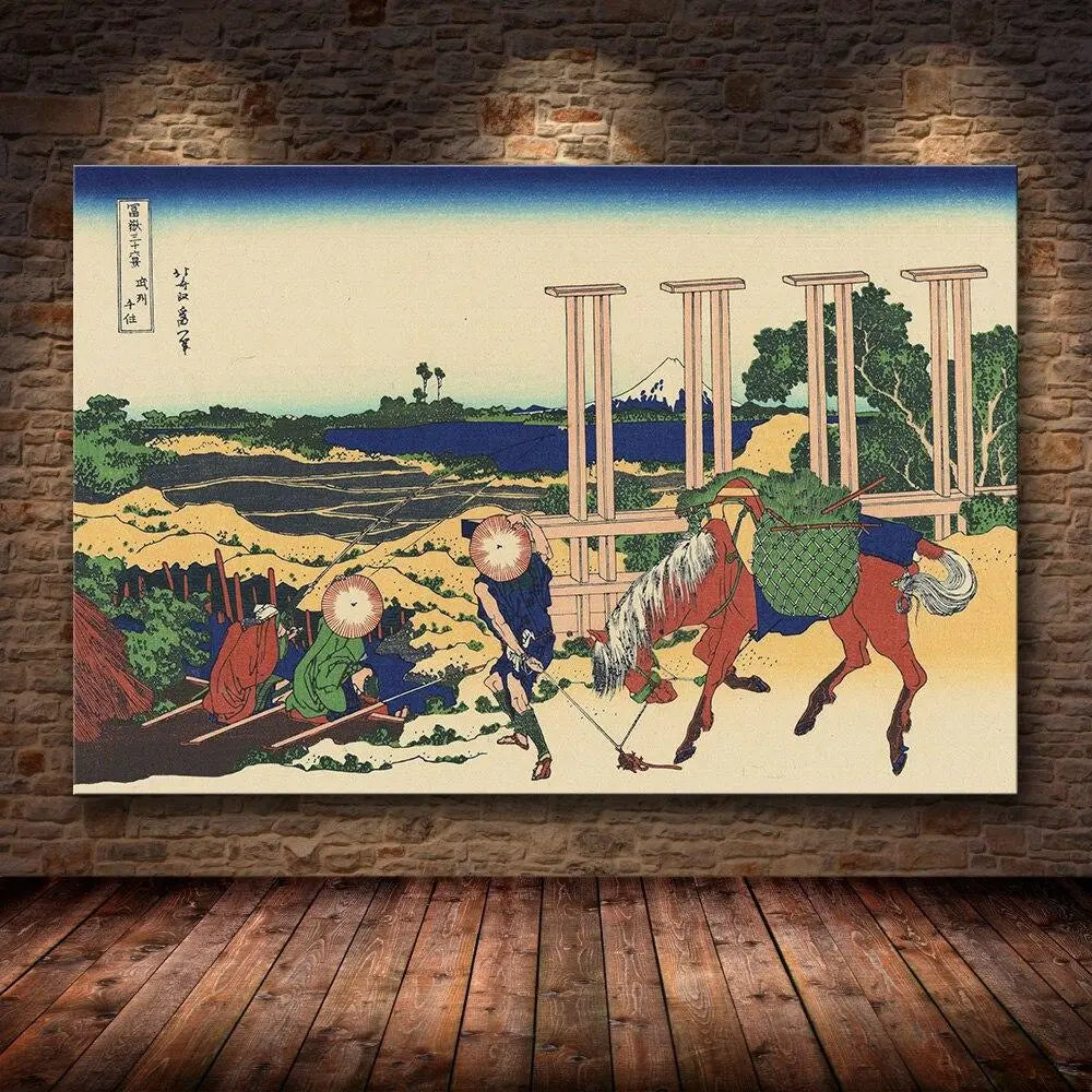 Reproduction estampe ukiyo-e cheval de charge à Senju sur la route Nikkō Kaidō avec mont Fuji — Japanstreet