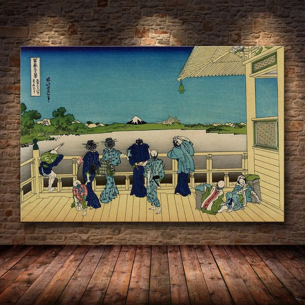 Reproduction estampe ukiyo-e pavillon Sazai-dō du temple Gohyaku-rakanji avec vue sur le Fuji — Japanstreet
