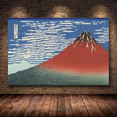 Estampe japonaise de l'artiste Hokusai montrant une vue apocalyptique du mont Fuji