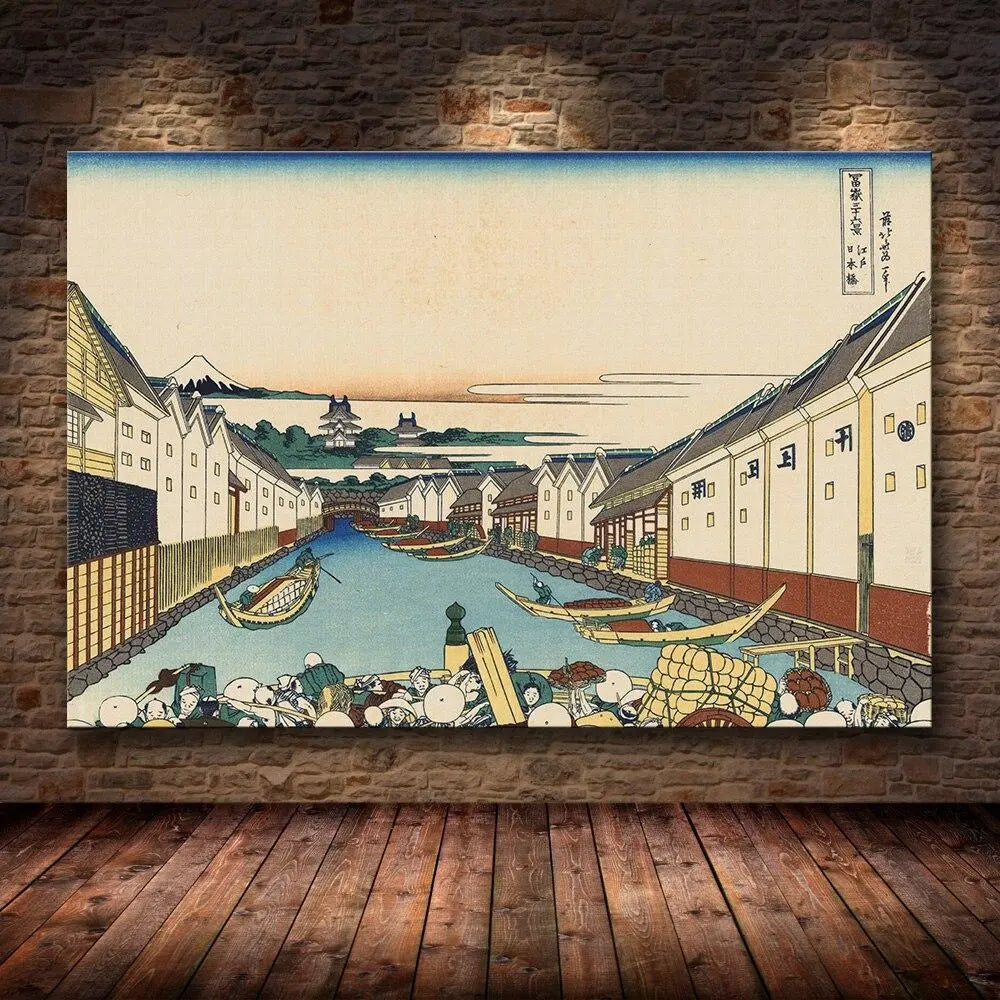 Reproduction estampe ukiyo-e pont Nihonbashi à Edo, canal et marchands, série 36 Vues du Mont Fuji — Japanstreet