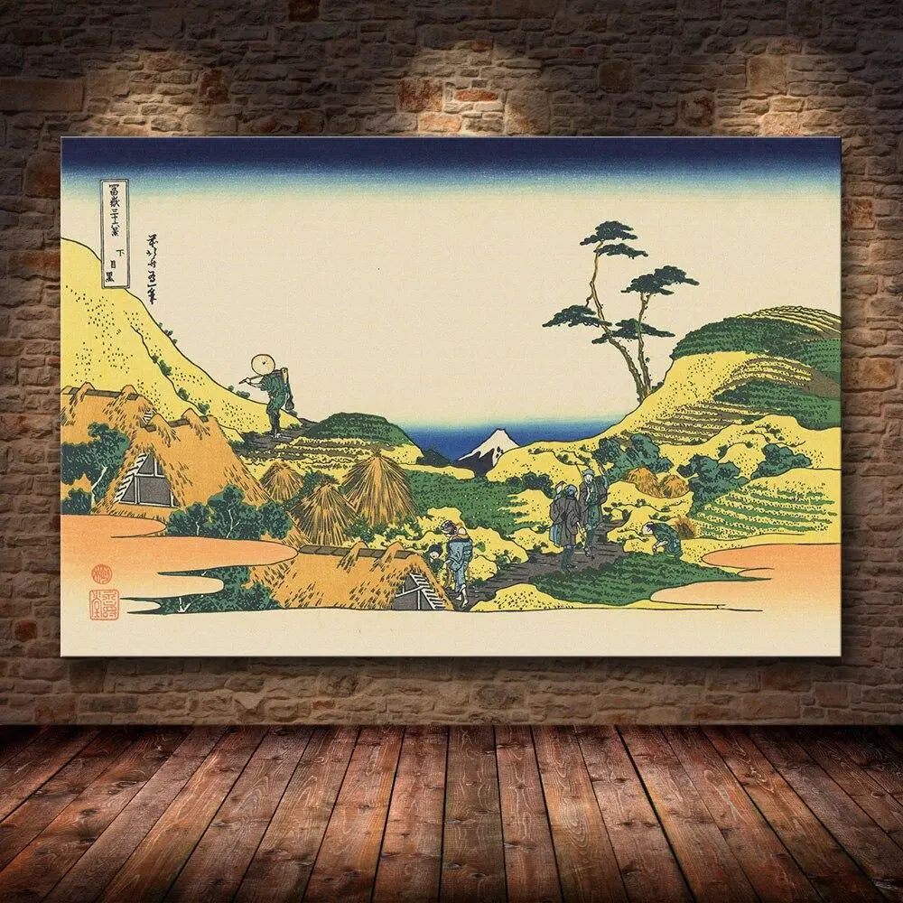 Reproduction estampe ukiyo-e village rural de Shimo-meguro à la moisson avec mont Fuji — Japanstreet