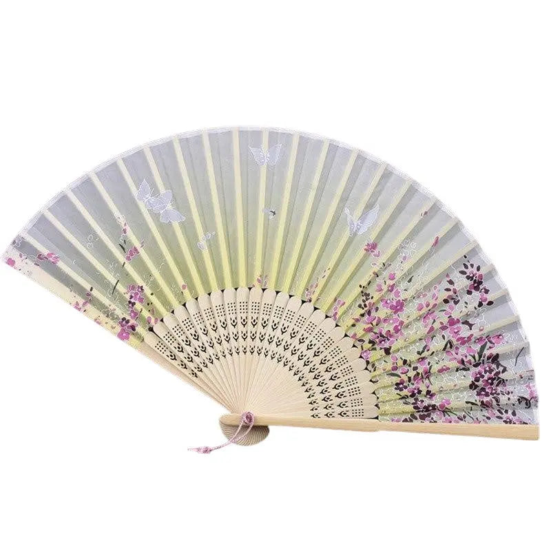 Éventail sensu jaune — motif geisha — vue de profil ou détail — Japanstreet