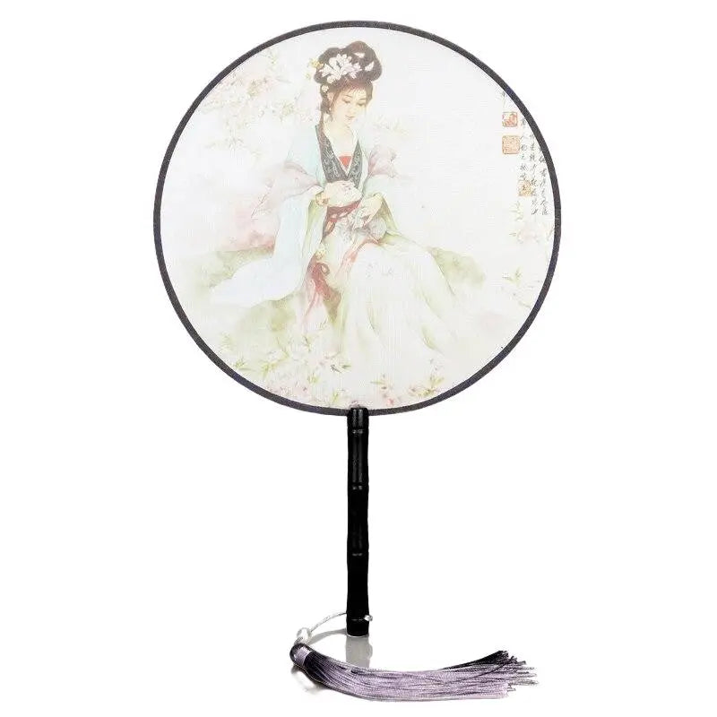 Éventail uchiwa rond — motif geisha ukiyo-e — vue de profil ou détail — Japanstreet