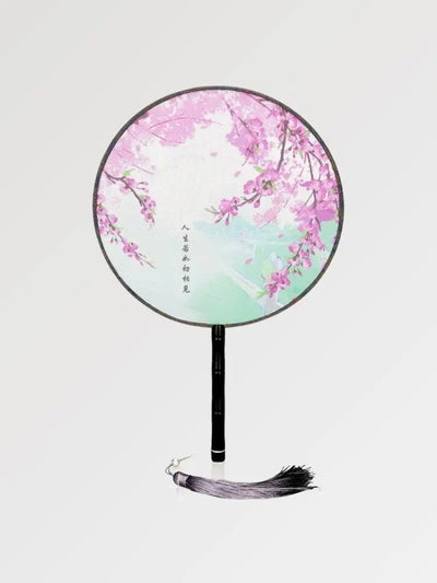 Éventail japonais rond traditionnel au motif de sakura et d'une calligraphie japonaise