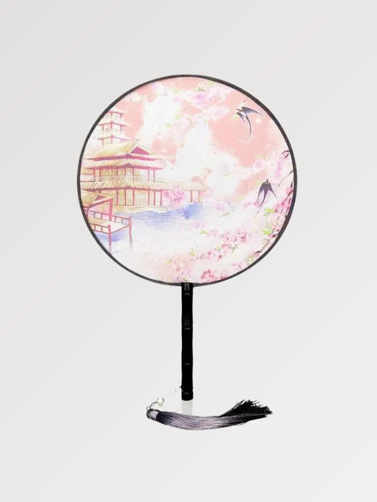 Éventail uchiwa rond — motif temple — vue principale déployée — Japanstreet