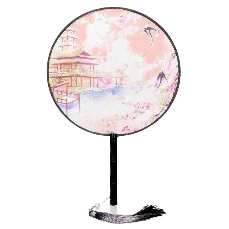 Éventail uchiwa rond — motif temple — vue de profil ou détail — Japanstreet