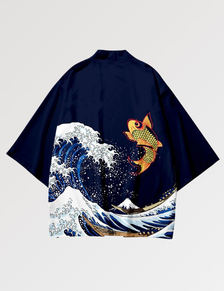 Haori pour Homme au design épuré représentant une carpe koi au dessus de la vague de Kanagawa