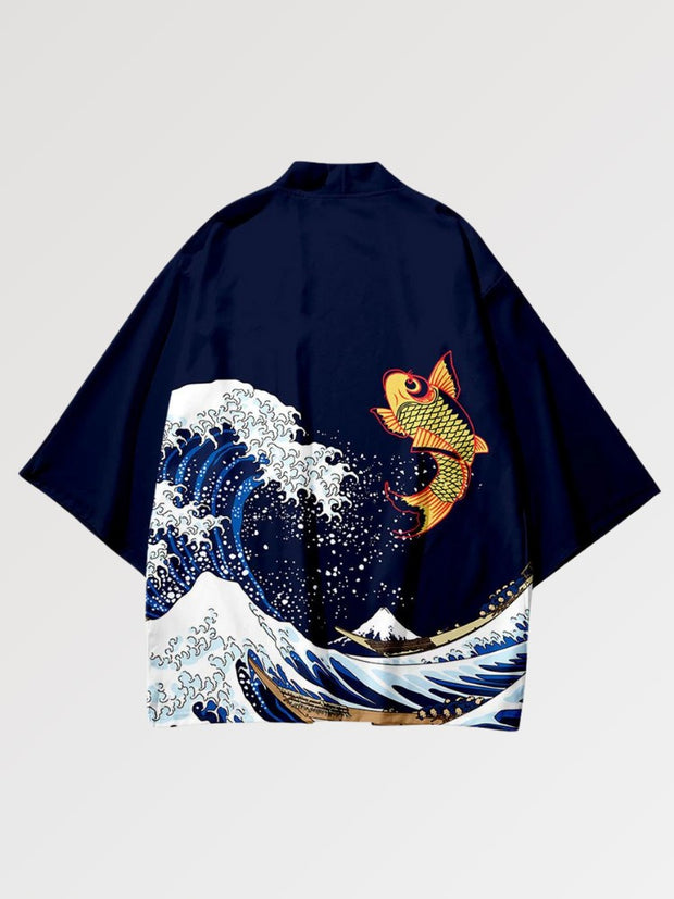 Haori pour Homme au design épuré représentant une carpe koi au dessus de la vague de Kanagawa