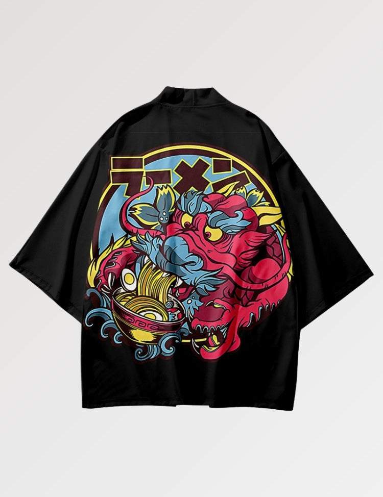 Haori Jacket dans un design japonais représentant un dragon mangeant son bol de Ramen