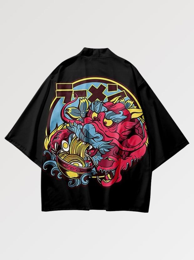 Haori Jacket dans un design japonais représentant un dragon mangeant son bol de Ramen