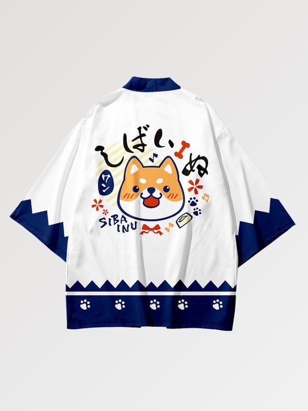 Haori Kimono aux couleurs douces représentant le Shiba Inu, chien emblématique du Japon