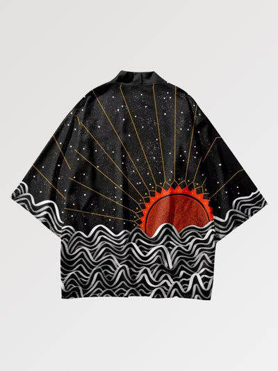 Haori au motif traditionnel représentant le soleil couchant du Japon dans un design semi abstrait