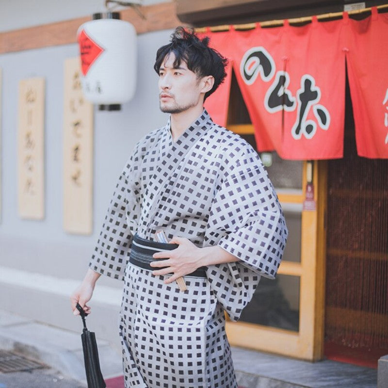 Chic Kimono Blanc pour Homme au motif à carré