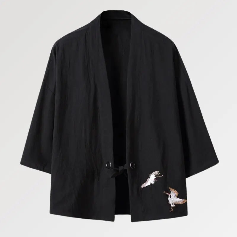 Kimono veste avec un couple de grues brodé sur la partie latérale pour homme