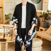 Long Kimono Cardigan pour homme aux ourlets en motif de grues japonaises