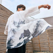 Longue Veste de Kimono imprimée d'un paysage japonais brumeux