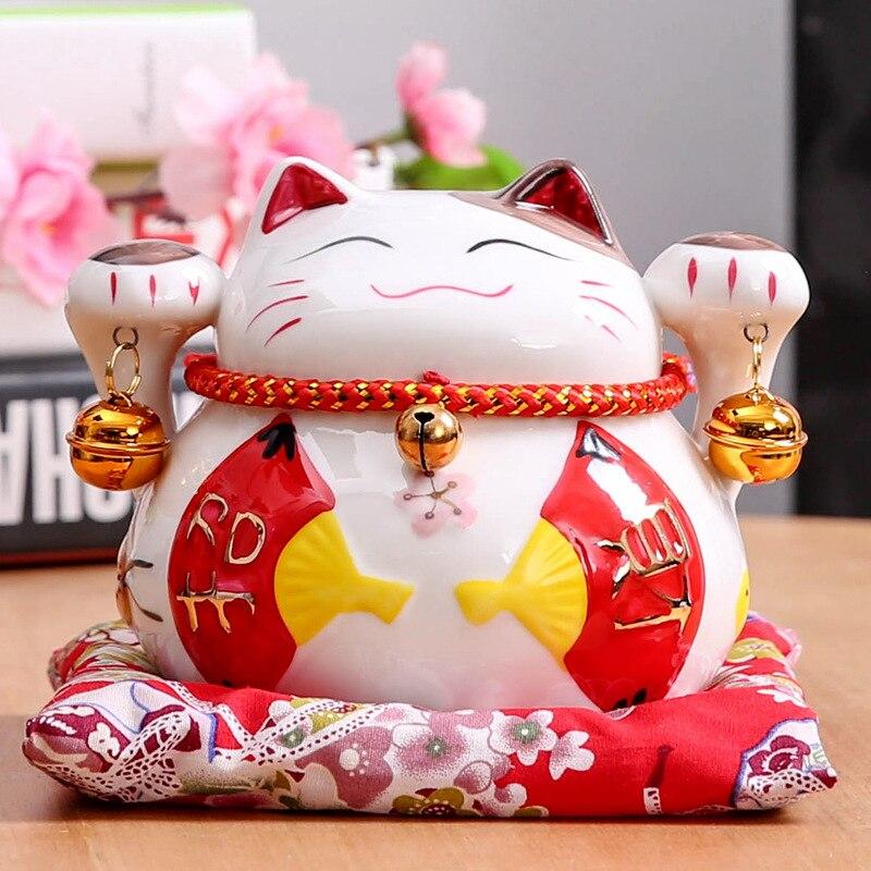 Maneki-neko tirelire avec grand éventail sensu à motifs kachō-ga raffinés — vue de profil arrière — Japanstreet