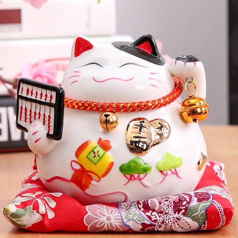 Maneki-neko tirelire blanc dominant Lucky avec panneau-bannière, chance générique — vue de profil arrière — Japanstreet