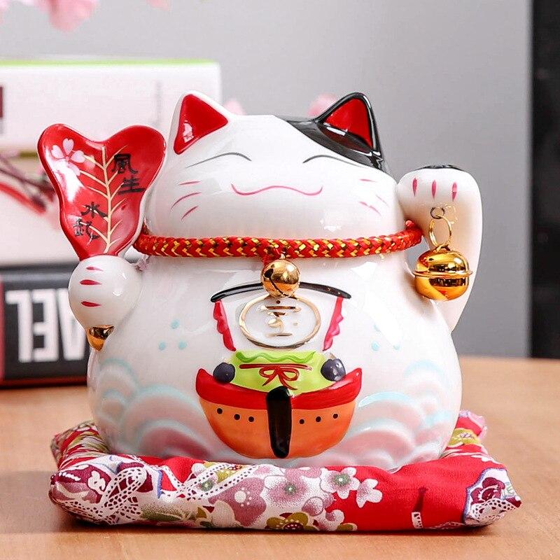 Maneki-neko tirelire à éventail uchiwa fleuri saisonnier en grammaire kachō-ga délicate — vue de profil arrière — Japanstreet