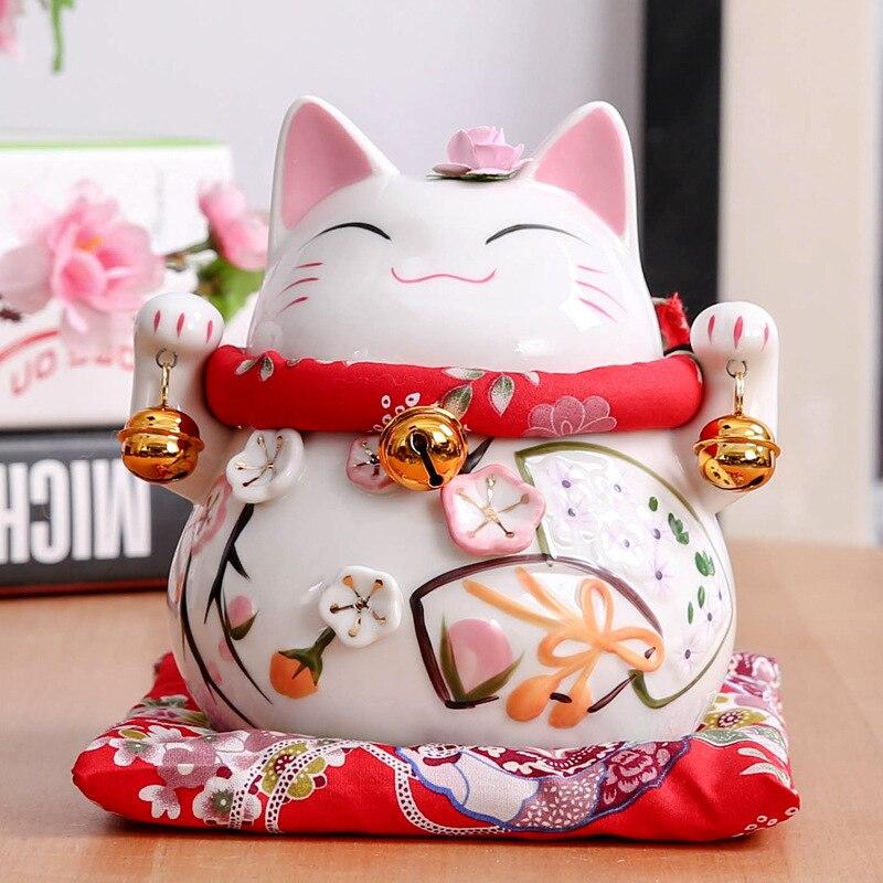 Maneki-neko tirelire Okami élégant avec éventail et scroll en grammaire d'auberge japonaise — vue de profil arrière — Japanst