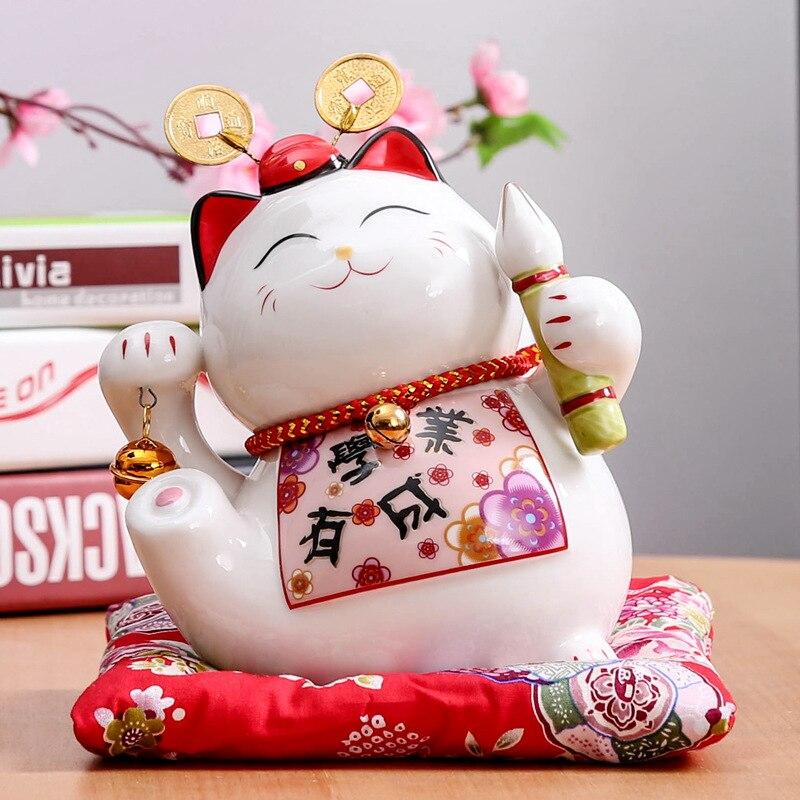 Maneki-neko tirelire au ventre peint en mini-estampe ukiyo-e kachō-ga (fleurs et oiseaux) — vue de profil arrière — Japanstre