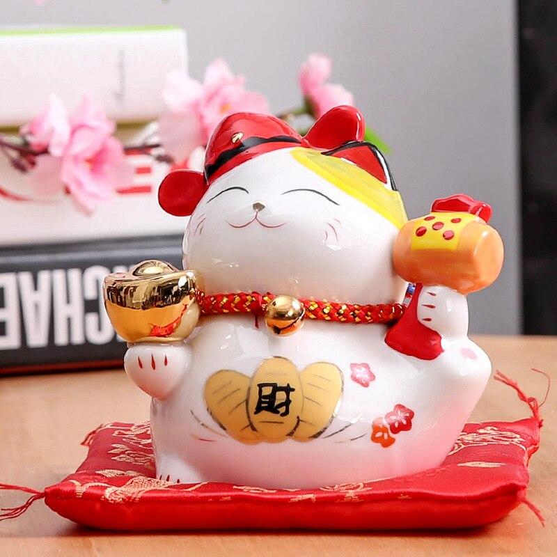 Maneki-neko tirelire en porcelaine blanche au kanji 福 (fuku, bonheur) en sobriété wabi-sabi — vue de profil arrière — Japanst