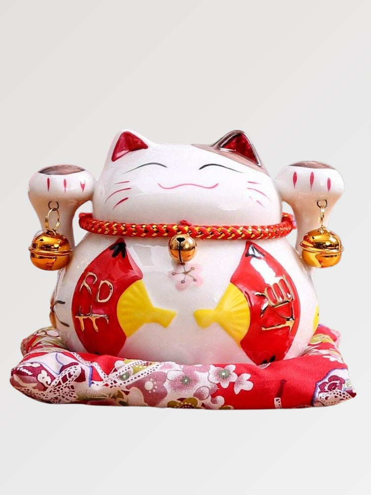 Maneki-neko tirelire avec grand éventail sensu à motifs kachō-ga raffinés — vue principale de face — Japanstreet