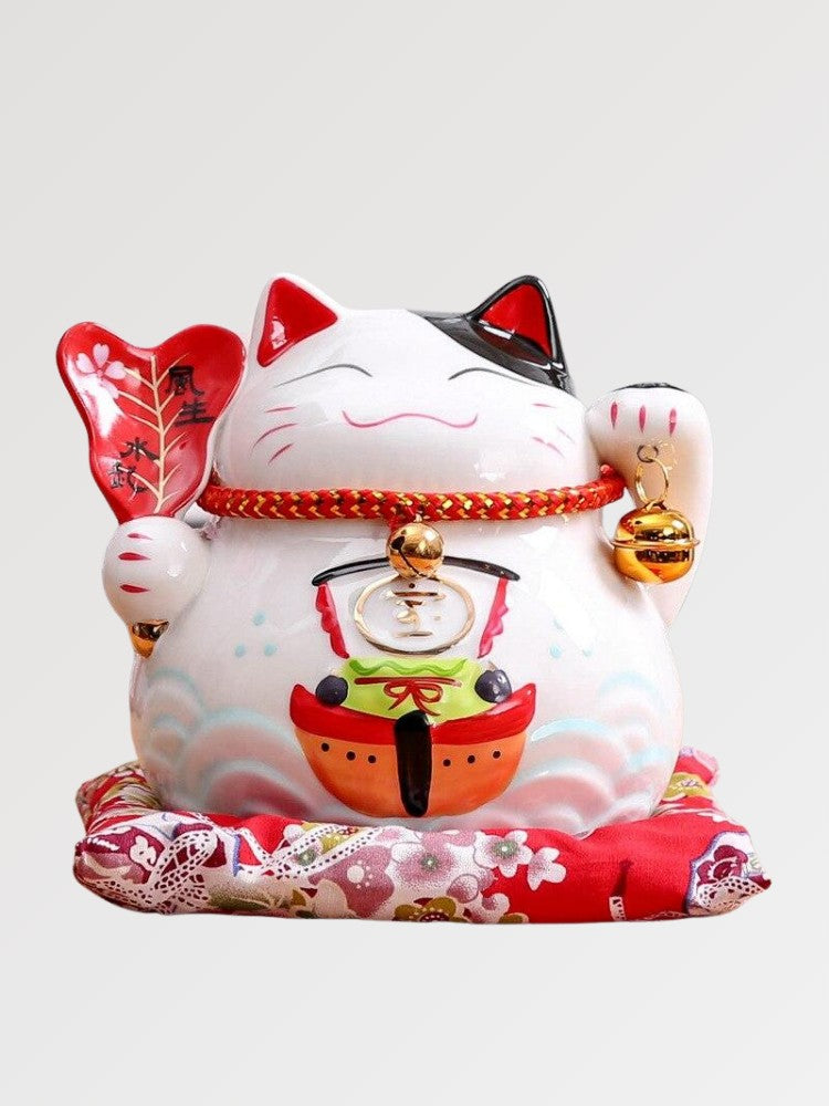Maneki-neko tirelire à éventail uchiwa fleuri saisonnier en grammaire kachō-ga délicate — vue principale de face — Japanstree