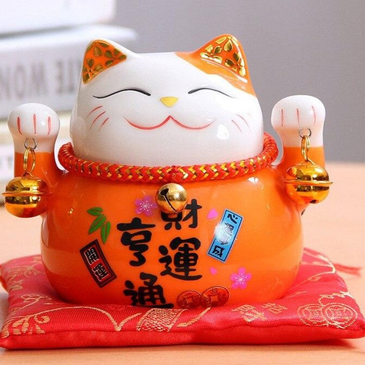 Maneki-neko tirelire orange à calligraphie 財運亨通 pour le flux libre de la chance d'argent — vue de profil arrière — Japanstree