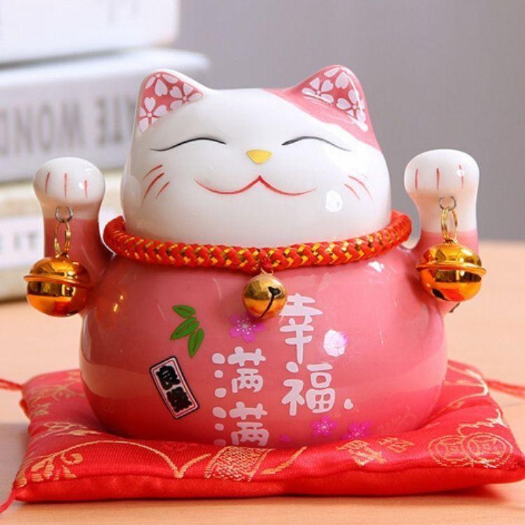 Maneki-neko tirelire rose à calligraphie 幸福満満 (bonheur plénier) en grammaire kawaii — vue de profil arrière — Japanstreet