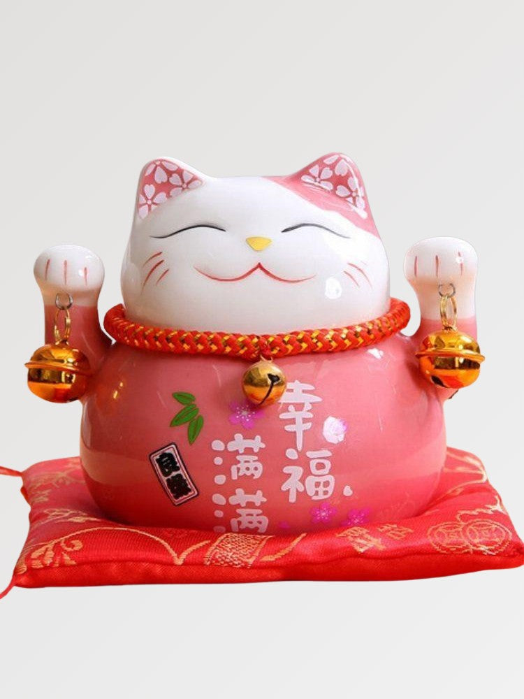 Maneki-neko tirelire rose à calligraphie 幸福満満 (bonheur plénier) en grammaire kawaii — vue principale de face — Japanstreet