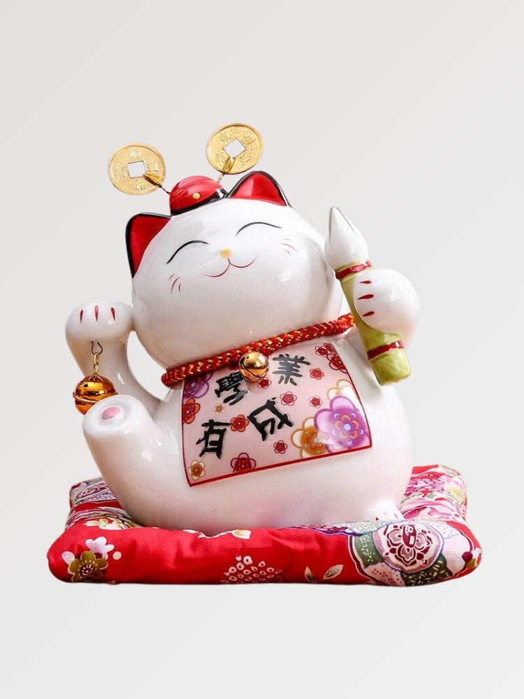 Maneki-neko tirelire au ventre peint en mini-estampe ukiyo-e kachō-ga (fleurs et oiseaux) — vue principale de face — Japanstr