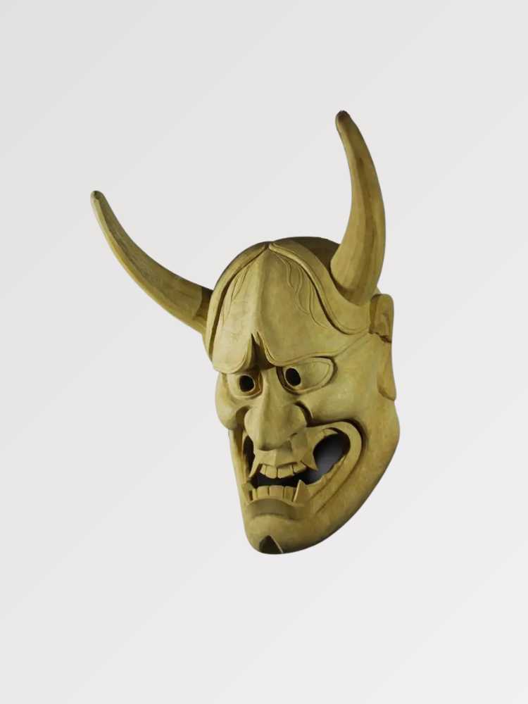 Masque hannya nō en imitation bois clair hinoki non peint, démone au visage tragique — vue de profil ou trois-quarts — Japans