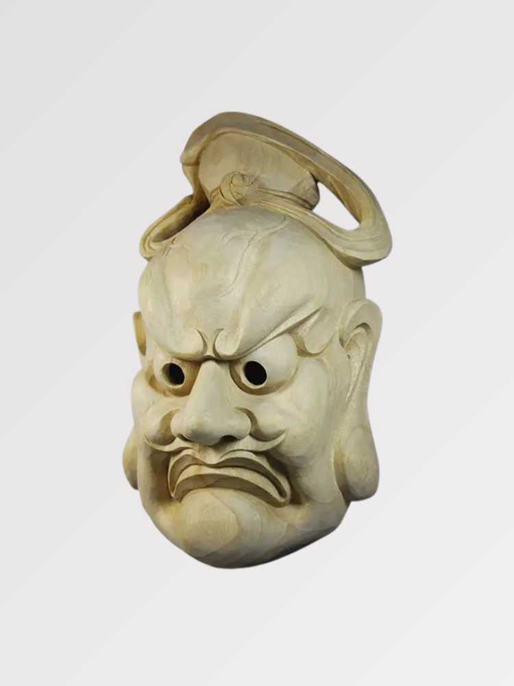 Masque bugaku théâtre dansé de cour Heian en imitation bois sculpté avec emblème zoomorphe — vue de profil ou trois-quarts — 