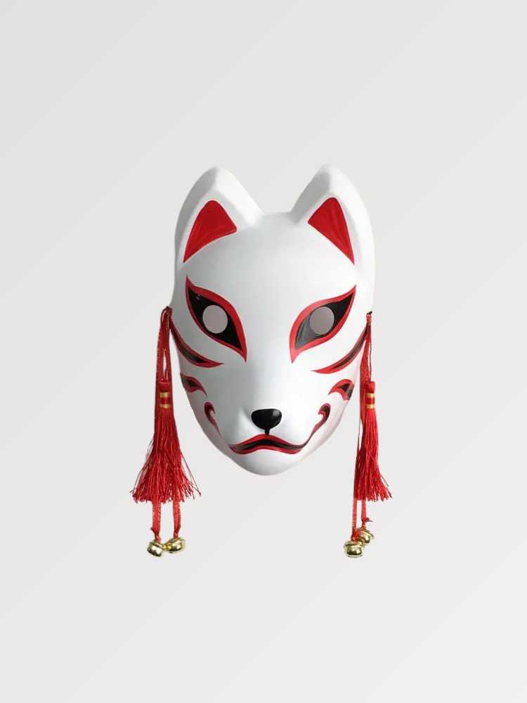 Masque kitsune blanc renard messager d'Inari avec traits rouges et grelots dorés — vue principale de face — Japanstreet