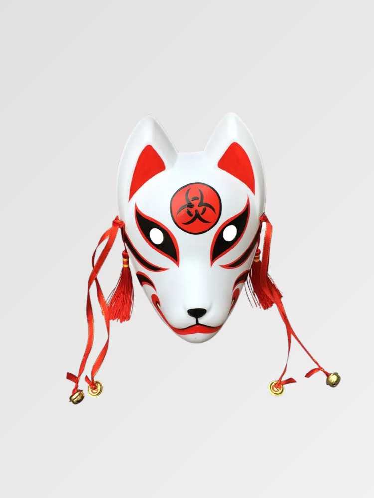 Masque kitsune blanc avec kanji 鬼 oni en cercle rouge type biohazard, hybridation street — vue principale de face — Japanstre