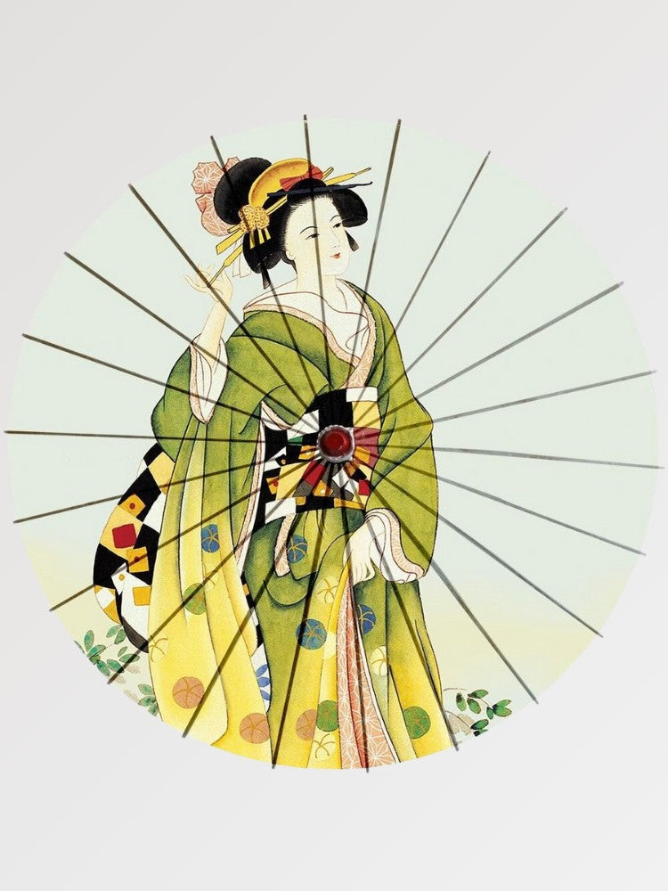Parapluie japonais — bijin-ga maiko en kimono vert — Japanstreet