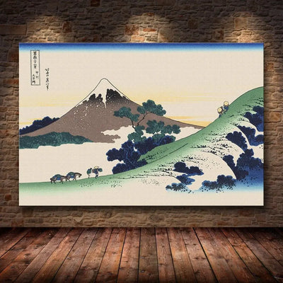 Estampe japonaise montrant une énième vue du mont Fuji dans un paysage montagneux