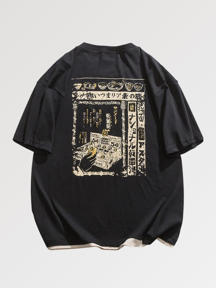 Ce modèle de t-shirt représente une estampe japonaise de restaurent traditionnel