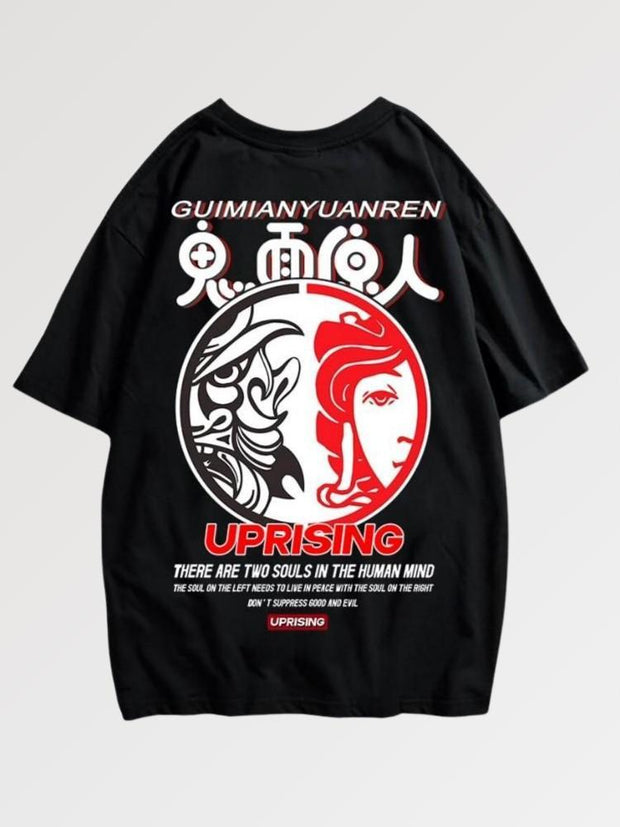 T-shirt en coton épais ornant un imprimé japonais de deux âmes bataillant pour un esprit